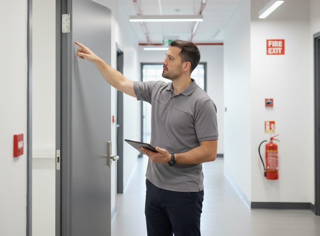 Fire risk assessor inspecting a property during an assessment